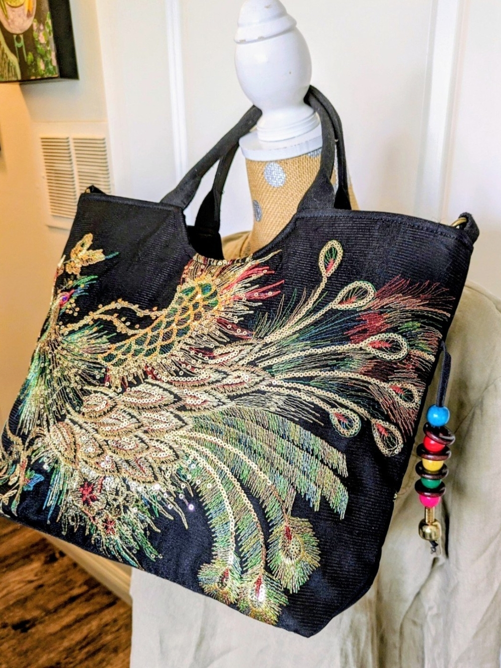Black Embroidered Peacock Tote Bag